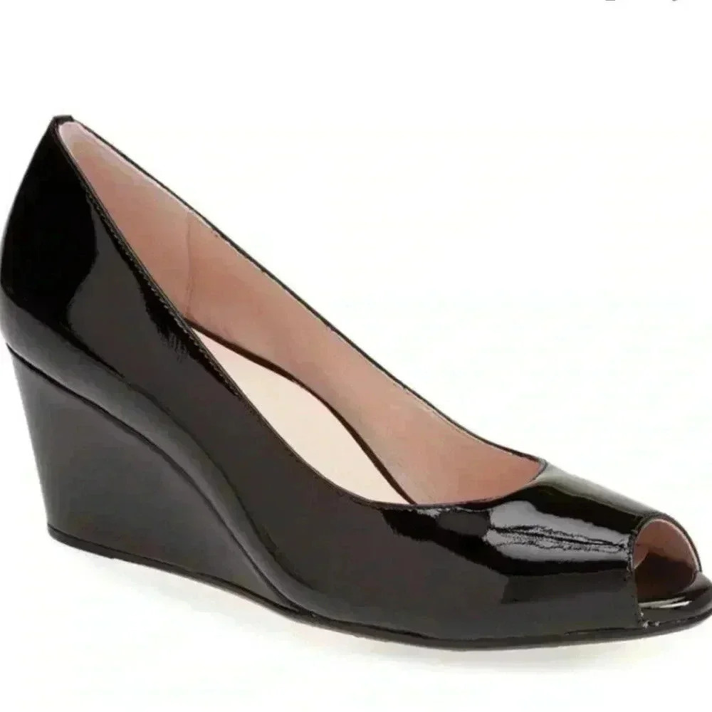 Taryn Rose Daelyn Patent Leather Open Toe Wedge Shoes in Black 39.5 (US 9.5)